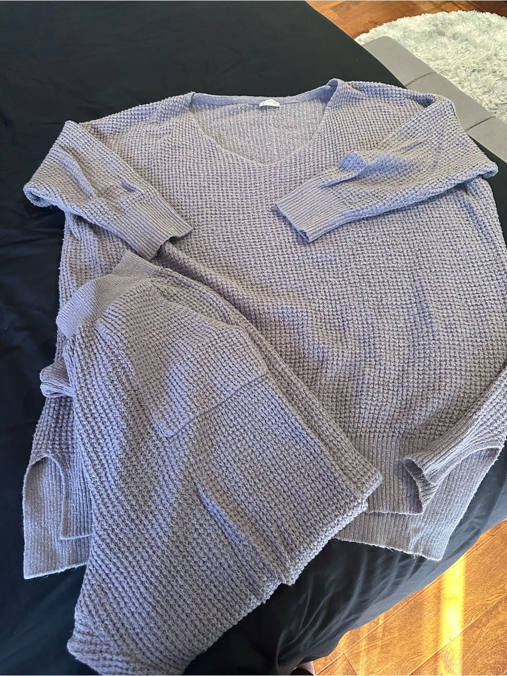 2 Piece Free People Gray Waffle Knit V-Neck Sweater & Pants Set